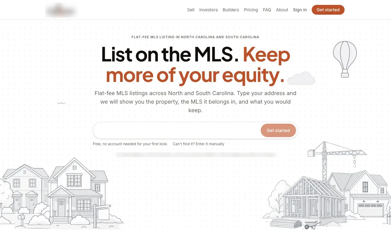 A brokerage's Portico Desk site: address box, flat-fee MLS listing headline, line-art houses