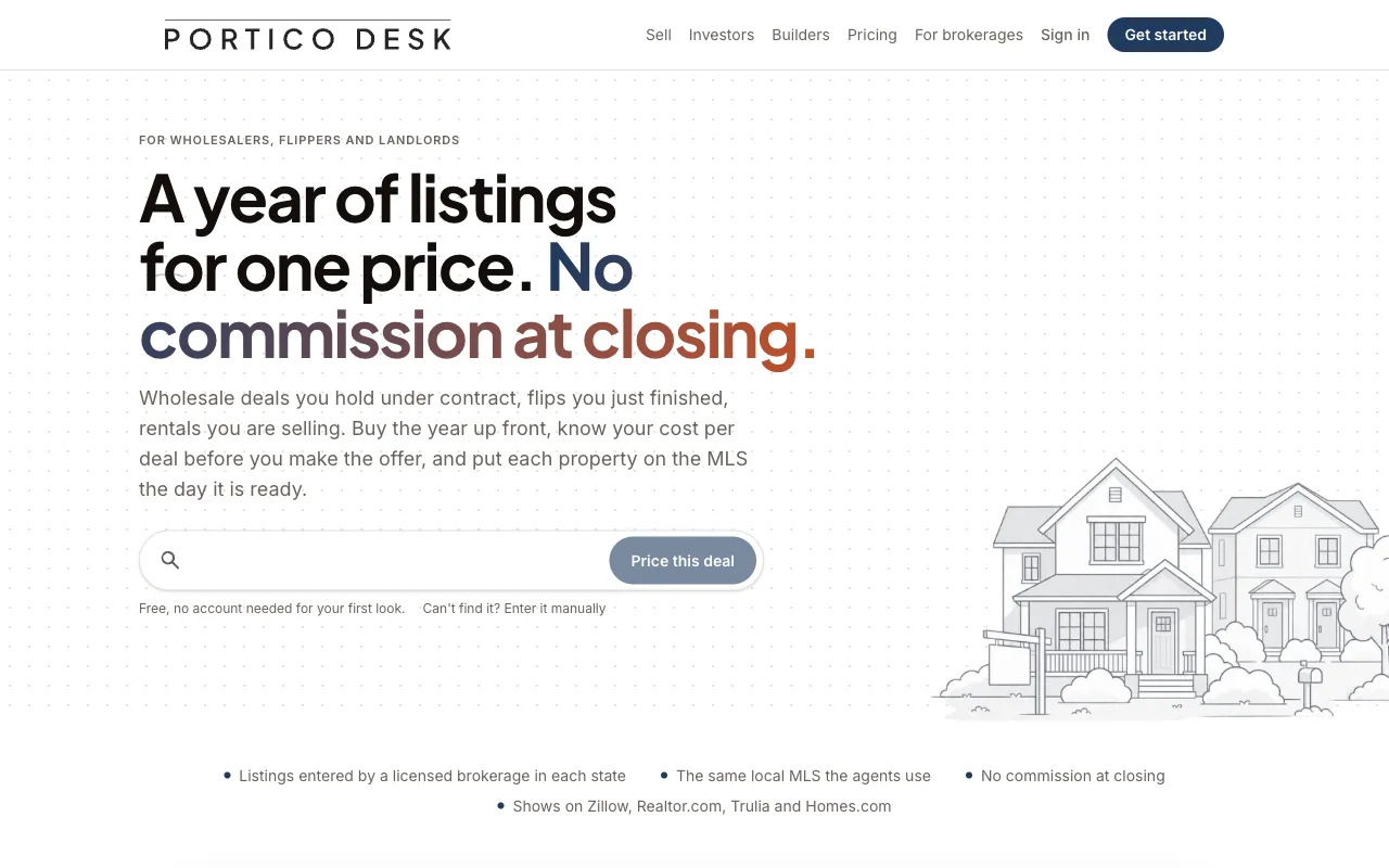 Portico Desk's investors page: a year of listings for one price, no commission at closing