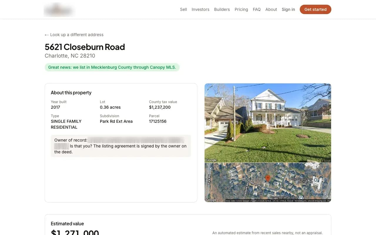 A property page with the house from the street, the satellite view and the county's record already filled in